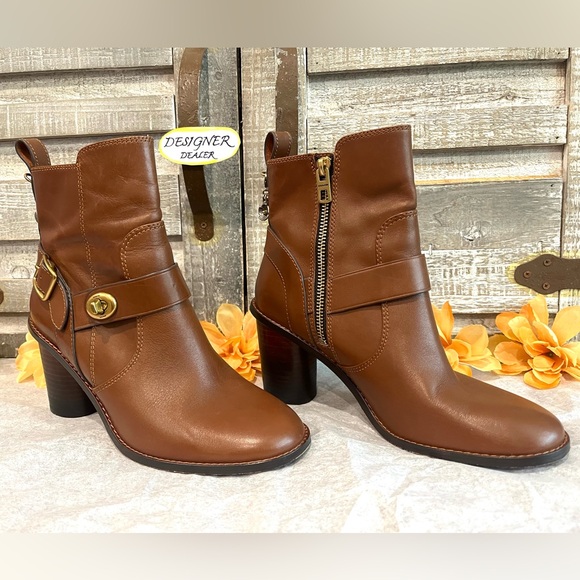 COACH Moto Bootie Heel Saddle Brown VGC! G1191 Size 7 - Picture 1 of 13